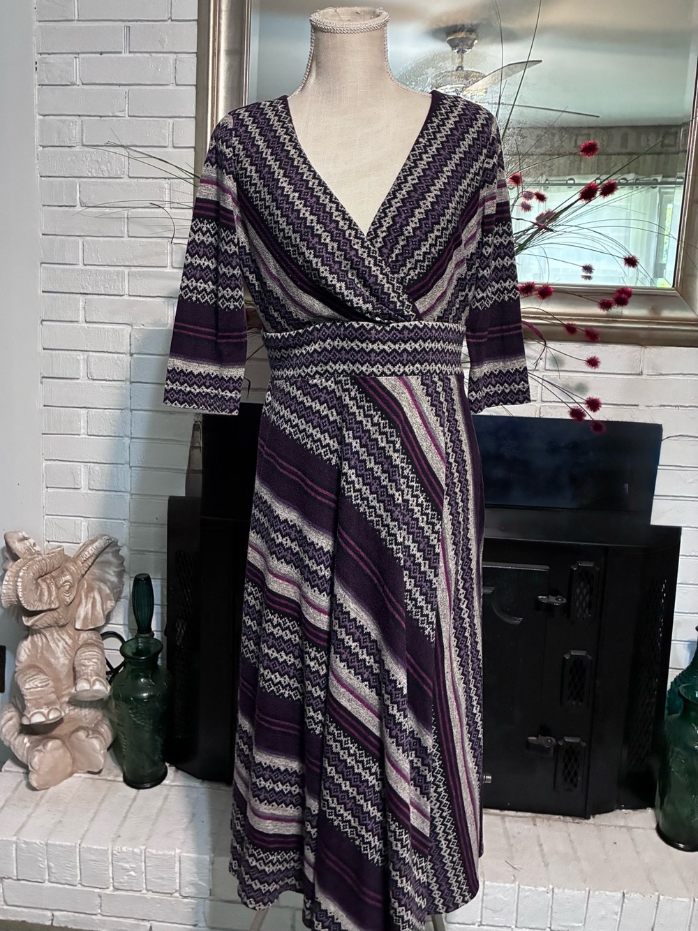 K Studio Purple Geometric Faux Wrap Midi Dress Size 12 Boho Retro